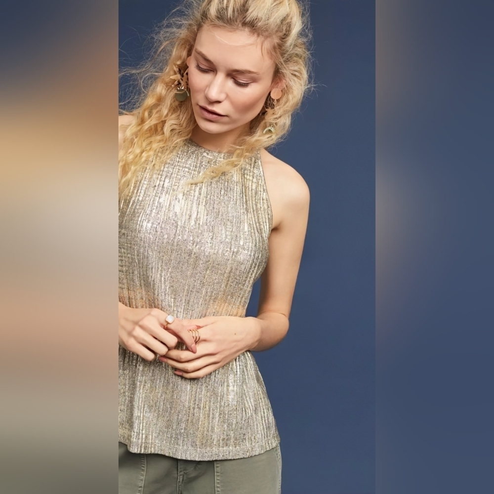 Anthropologie Moulinette Soeurs Shine On Metallic Tank Top S High Neck Stretchy - Picture 3 of 12